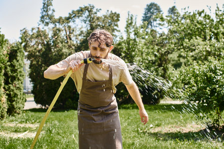 bearded gardener in linen apron drinking water from hose after working in garden, candid photoの写真素材
