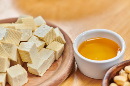 close up of tasty tofu cheese and natural olive oil, healthy eating and vegetarianism conceptの写真素材