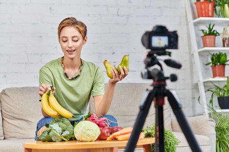 young woman with ripe bananas near various fruits and vegetables in front of blurred digital cameraの写真素材