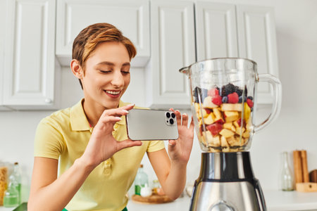 positive woman taking photo of electric blender with chopped fruits, delicious plant-based dietの写真素材