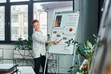 bigender manager pointing at flip chart with business analytics during presentation in modern office