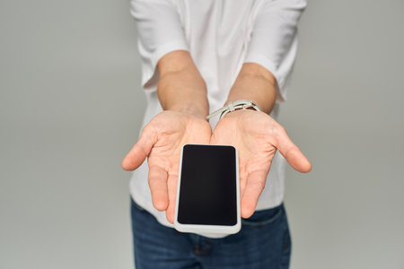 cropped view of person holding mobile phone with blank screen on grey backdrop, smartphone in handsの写真素材