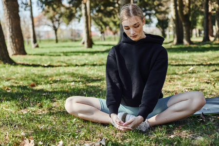 fit young woman with blonde hair and sportswear sitting on sports mat and meditating in parkの写真素材