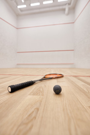 squash ball and racquet inside of court with white walls, motivation and determination conceptの写真素材