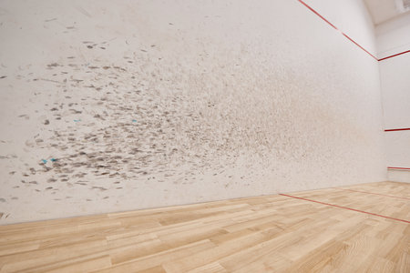 spacious and modern squash court with white walls, motivation and determination conceptの写真素材