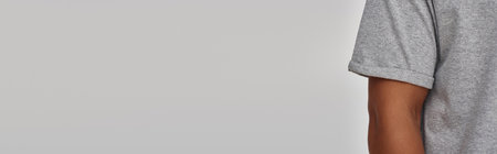 young stylish african american man in casual gray t-shirt, copy space for advertising, bannerの写真素材