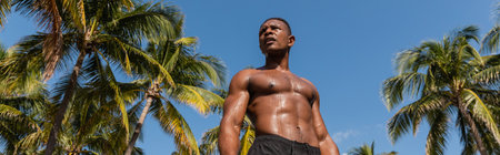 low angle view of sweaty african american sportsman standing next to palm trees after workout in Miami, bannerの写真素材