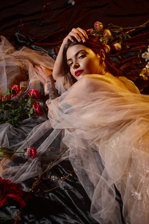 romantic and tattooed young woman in transparent dress lying among blooming red flowers, eleganceの写真素材