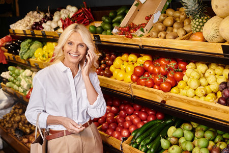 joyful attractive woman talking by phone while at grocery store and smiling cheerfully at cameraの写真素材