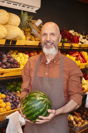 vertical shot of gray bearded jolly salesman posing with watermelon in hands and smiling at cameraの写真素材
