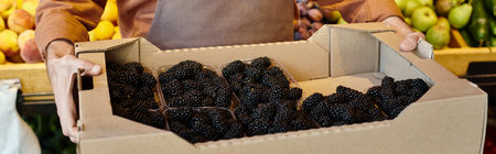 cropped view of mature seller showing delicious blackberries at camera at grocery store, bannerの写真素材