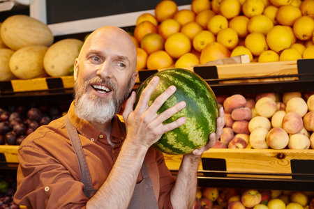 cheerful bearded salesman posing with happily with watermelon near head and smiling joyfullyの写真素材