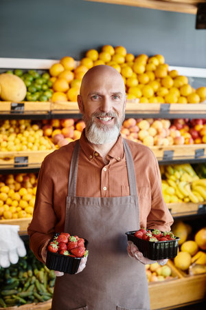 mature seller with gray beard holding packs of fresh vibrant strawberries and smiling joyfullyの写真素材