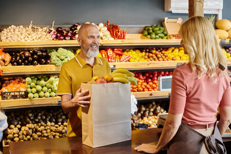 focus on mature customer buying fresh fruits and smiling at blurred female seller at grocery shopの写真素材