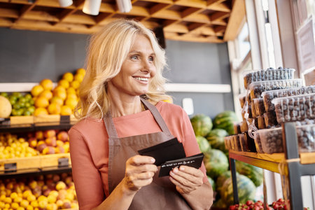 jolly mature seller holding price tags in hands smiling happily and looking away at grocery storeの写真素材