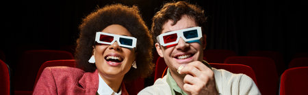 jolly diverse couple with retro 3d glasses watching movie at cinema on date, Valentines day, banner