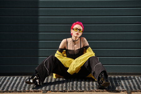 young woman with pink hair and tattoo posing in yellow sunglasses and stylish attire on urban street