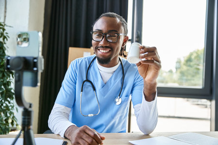 cheerful african american doctor with glasses showing pills at mobile phone camera, telemedicine