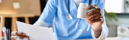 cropped view of african american doctor with stethoscope holding pills and notes, telehealth, banner