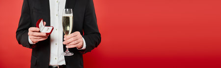 partial view of elegant man with champagne and jewelry box on red, st valentines present, bannerの写真素材