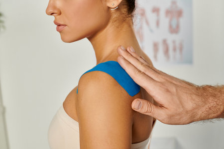 cropped view of doctor putting kinesiological tape on his female young patient, healthcare