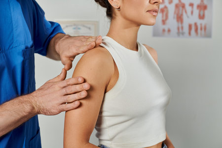 cropped view of doctor checking muscles of his young female patient during appointment, healthcare