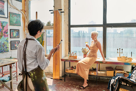 stylish mature woman posing with wine glass near female artist in light and spacious workshop