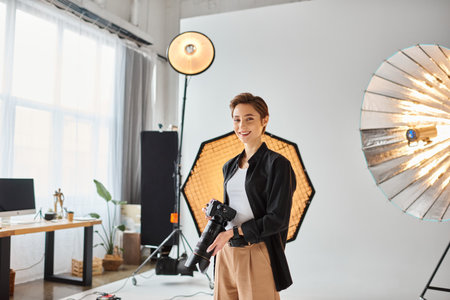 cheerful pretty woman with short hair in everyday clothes posing in her studio with camera in hands