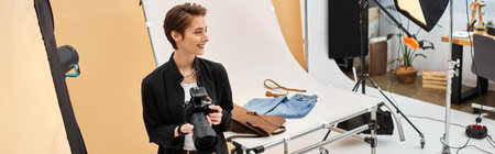 jolly charming female photographer in everyday clothing working with her equipment at studio, banner