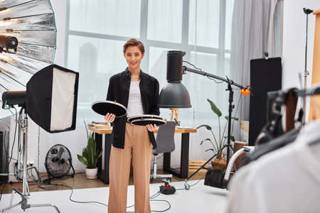 cheerful attractive woman with short hair posing with her photography equipment in her studioの写真素材