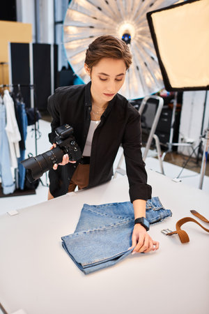 beautiful focused female photographer holding camera and preparing to take photos in her studioの写真素材