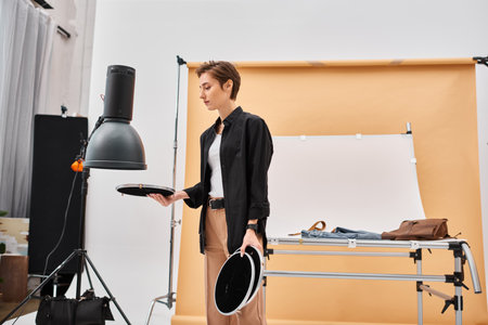 good looking short haired female photographer in casual attire working with her equipment at studioの写真素材