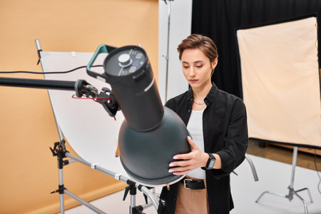 stunning short haired female photographer in casual attire working with her equipment at studioの写真素材