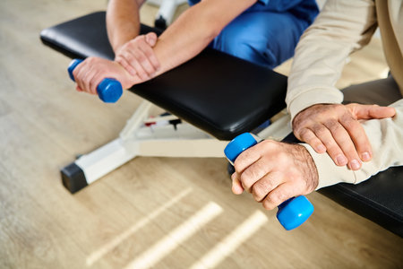 cropped view of male patient working out with dumbbell near recovery specialist in kinesio centerの写真素材