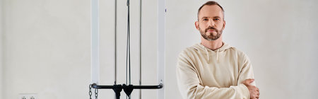 handsome man with folded arms looking at camera near exercise machine in kinesio center, banner