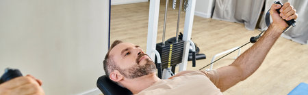 handsome man in sportswear training arms on exercise machine in kinesio center, banner