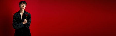 portrait of romantic young man holding rose in hand and looking away on red background, bannerの写真素材