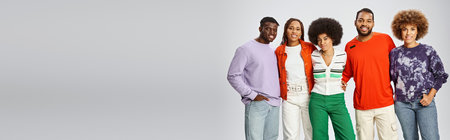 banner of african american woman hugging her friends in casual attire on grey background, Juneteenth