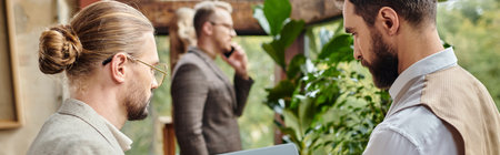 handsome focused businessmen in elegant outfits discussing their project in their office, banner