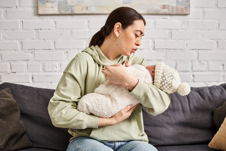 good looking loving mother in homewear comforting her cute newborn baby on sofa, modern parenting