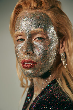 portrait, pretty woman with green eyes and glitter all over body and face posing on grey backdrop