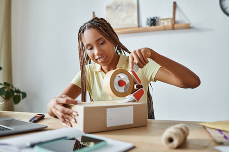good looking jolly african american woman using tape on box and smiling while working, deliveryの写真素材