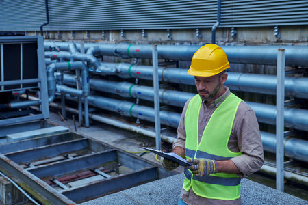 pensive technician in safety vest with helmet looking at his clipboard while outside, data center