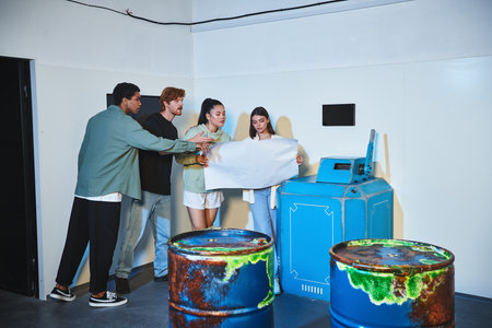 group of interracial friends holding blueprint and talking during quest in escape room, brainstorm