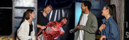 cheerful young man holding creepy mannequin and scaring multicultural friends in escape room, banner