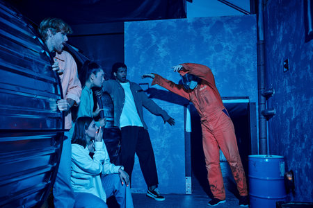 Multicultural group of friends hiding from man in gas mask during escape adventure in quest room
