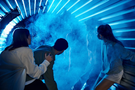 scared diverse friends standing in tunnel near freaky people in gas masks, quest room participationの写真素材