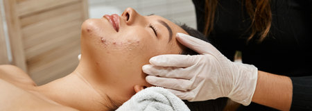 facial massage for acne-prone skin, masseuse in gloves and asian client with closed eyes, bannerの写真素材