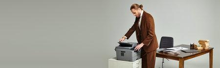 handsome man with beard and collected hair in elegant jacket working with copy machine, banner