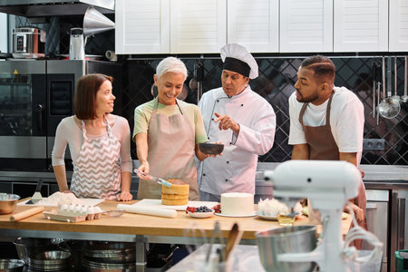 chef explaining how to use silicone brush on cake to his mature student next to her diverse friends